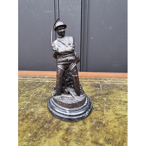 1433 - Angling: a bronze fisherman, signed L Liargy, on marble base, 20.5cm high; together with a rela... 