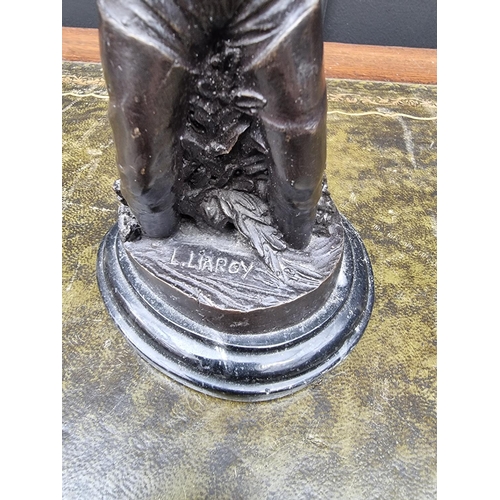 1433 - Angling: a bronze fisherman, signed L Liargy, on marble base, 20.5cm high; together with a rela... 