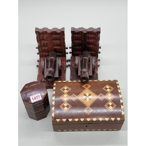 1477 - A pair of novelty carved wood cannon bookends and two other boxes.