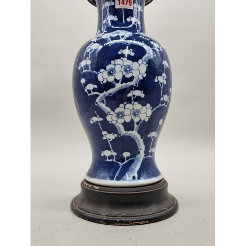 1479 - A Chinese blue and white vase form table lamp, total height 53cm. 