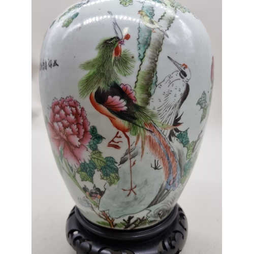 1480 - A Chinese porcelain ovoid vase form table lamp, total height 47cm. 