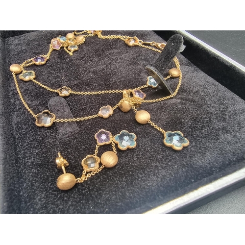 144 - A Scanavin 18k gold necklace and matching earrings, set with gold beads and coloured semi-precious g... 