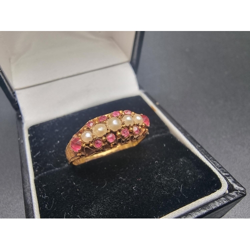 159 - A Victorian 15ct gold ruby and pearl ring, hallmarked Birmingham 1878, size O.