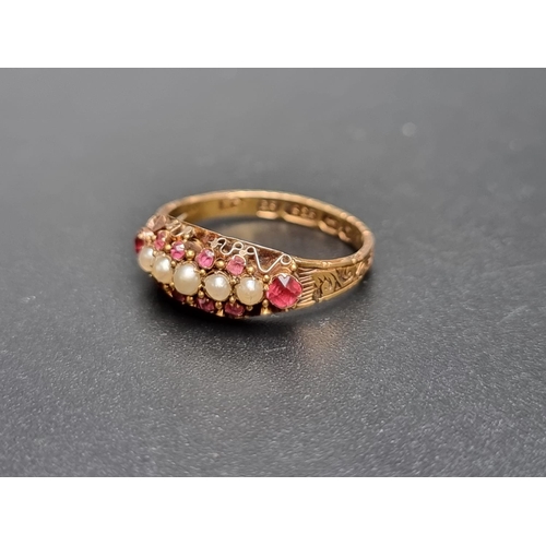 159 - A Victorian 15ct gold ruby and pearl ring, hallmarked Birmingham 1878, size O.