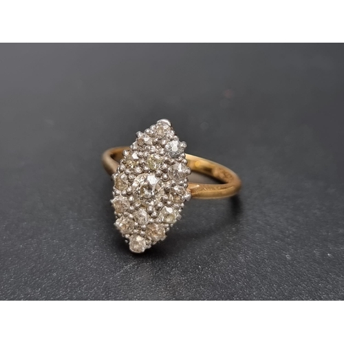 168 - A navette shaped diamond cluster ring, set Old European cut stone of approximately 0.37ct, surrounde... 