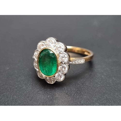 171 - An 18ct gold emerald and diamond cluster ring, set central faceted oval emerald surrounded by ten br... 