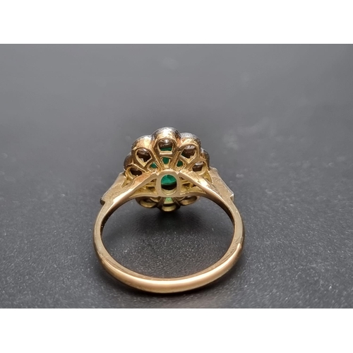 171 - An 18ct gold emerald and diamond cluster ring, set central faceted oval emerald surrounded by ten br... 