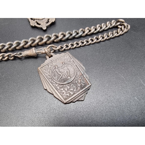 213 - A silver Albert chain, with attached silver bar and a Danish coin fob, 30cm; together with another s... 