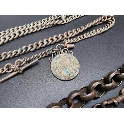 213 - A silver Albert chain, with attached silver bar and a Danish coin fob, 30cm; together with another s... 