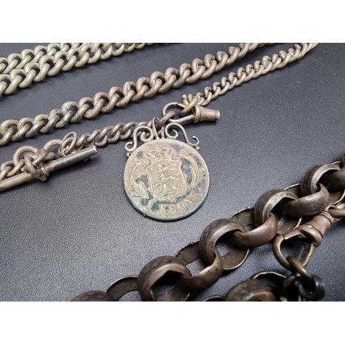 213 - A silver Albert chain, with attached silver bar and a Danish coin fob, 30cm; together with another s... 