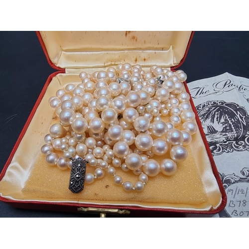 219 - Three pearl necklaces; together with a pair of 9ct gold pearl screw back earrings; and a gold plated... 