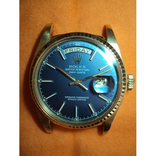 233 - A circa 1975 Rolex 'President' Oyster Perpetual Day-Date 18ct gold wristwatch, blue dial,  36mm, Ref... 