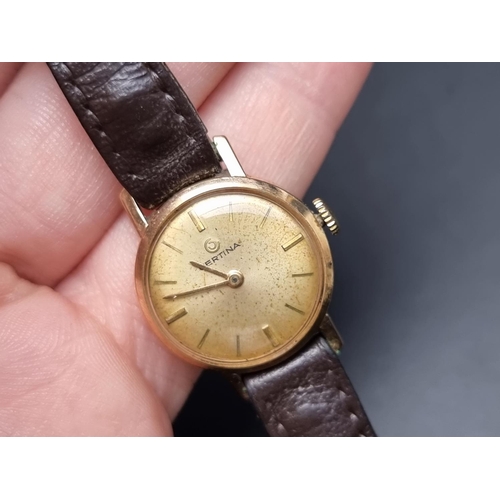 247 - A vintage Certina 9ct gold ladies manual wind wristwatch, 24mm, on leather strap, in associated Buec... 