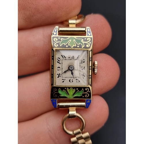 262 - An Art Deco Albion 18ct gold and enamel manual wind ladies wristwatch, 27 x 14mm, import mark Glasgo... 