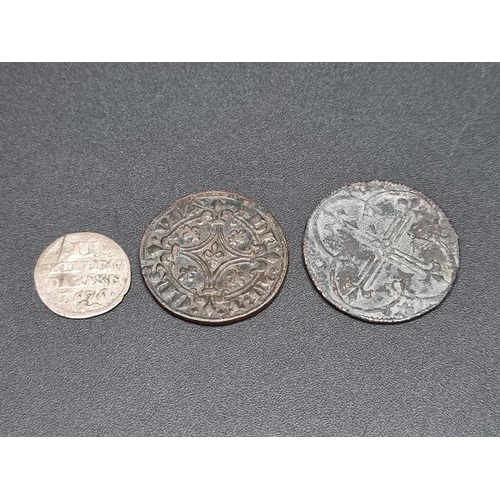 286 - Coins: two unidentified medieval French Jettons; together with a Danish Christian V 1675 1 skilling.... 