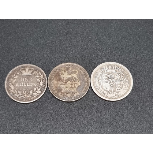 296 - Coins: a George III 1816 silver shilling; together with an 1825 silver shilling; and a 1834 silver s... 