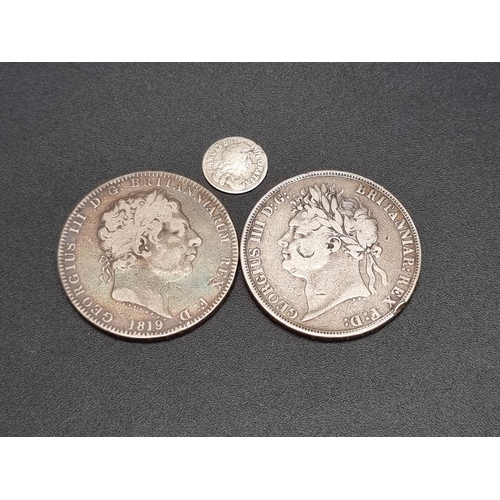 307 - Coins: a Charles II 1679 silver twopence; together with a George III 1819 silver crown and a George ... 