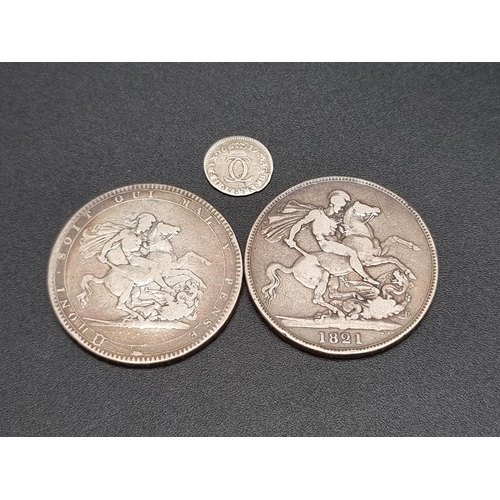 307 - Coins: a Charles II 1679 silver twopence; together with a George III 1819 silver crown and a George ... 