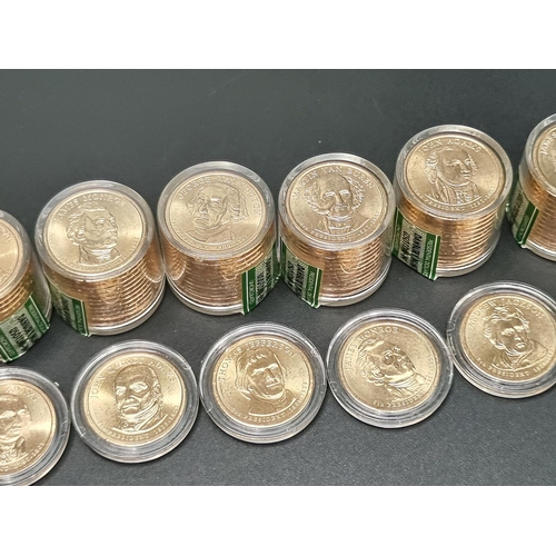 323 - Coins: Danbury Mint; one hundred and four uncirculated presidential dollars.