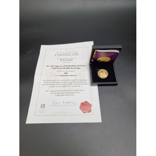 332 - Coins: a cased Alderney '2021 Queen's 95th Birthday 24 Carat Gold Proof Double Sovereign', with CoA.... 