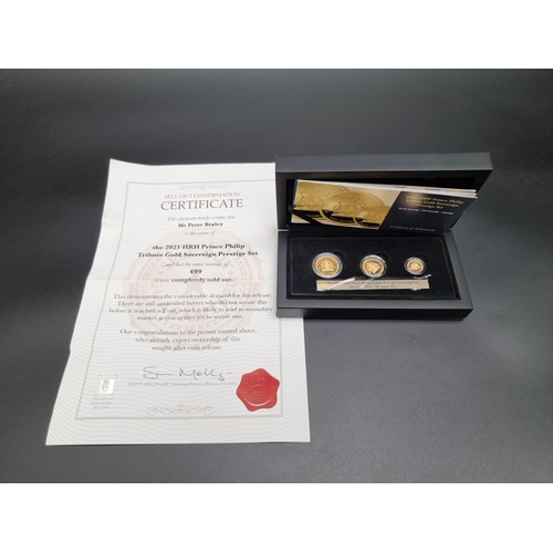 334 - Coins: a cased '2021 HRH Prince Philip Tribute Gold Sovereign Prestige Set', comprising: sovereign; ... 