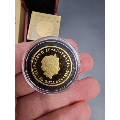 344 - Coins: a cased Perth Mint '2018 Australia Double Sovereign', 22ct gold proof 50 dollar, with CoA No.... 