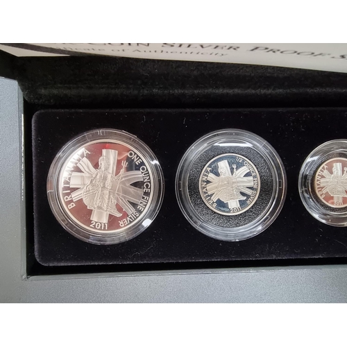 372 - Coins: a cased 2011 Royal Mint 'Britannia' four coin silver proof set, containing 20p to £2 coins, w... 