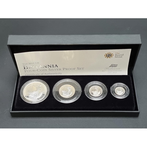 373 - Coins: a cased 2012 Royal Mint 'Britannia' four coin silver proof set, containing silver £2 to silve... 