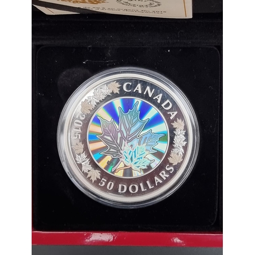 377 - Coins: a cased 2015 Royal Canadian Mint 'Lustrous Maple Leaves' limited edition proof 50 dollar five... 