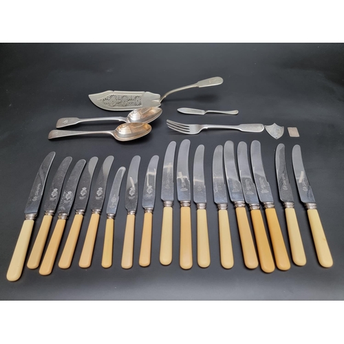 74 - Three items of silver cutlery, 197g; together with a silver plated fish slice; seventeen various sta... 