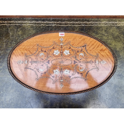 1068 - A good late Victorian satinwood and marquetry oval tray, with ivorine decoration and brass gallery, ... 