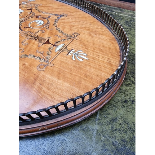 1068 - A good late Victorian satinwood and marquetry oval tray, with ivorine decoration and brass gallery, ... 