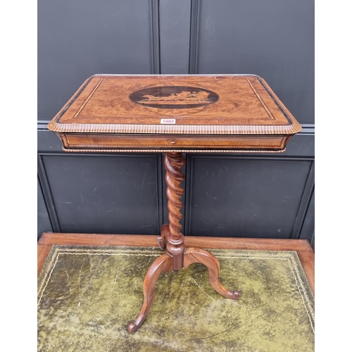 1082 - A 19th century Italian olivewood and marquetry tripod table, with frieze drawer and barley twist col... 