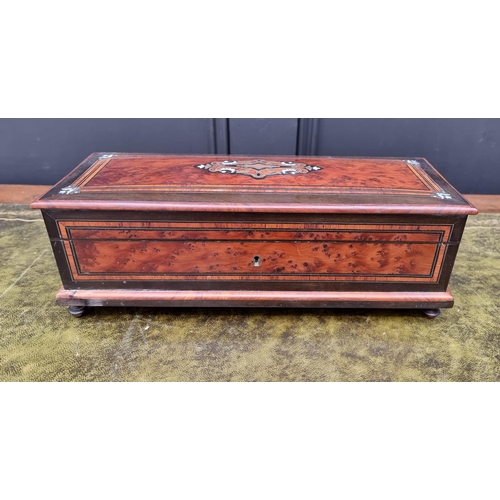 1122 - An antique French burr yew and inlaid glove type box, 32cm wide.  