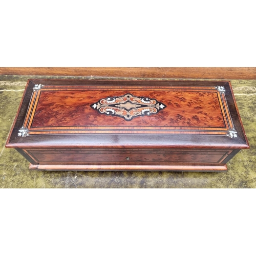 1122 - An antique French burr yew and inlaid glove type box, 32cm wide.  