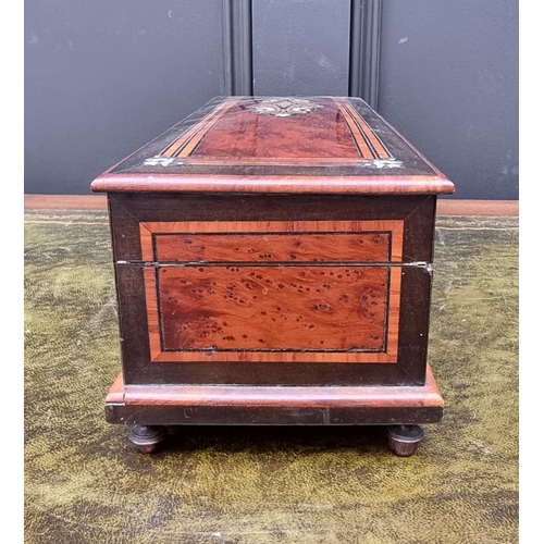 1122 - An antique French burr yew and inlaid glove type box, 32cm wide.  