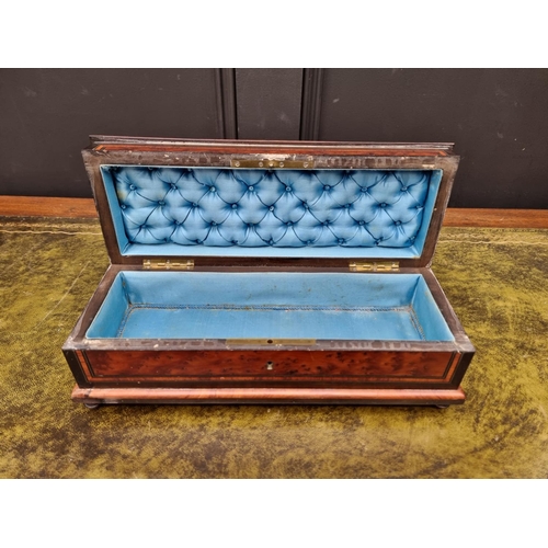 1122 - An antique French burr yew and inlaid glove type box, 32cm wide.  