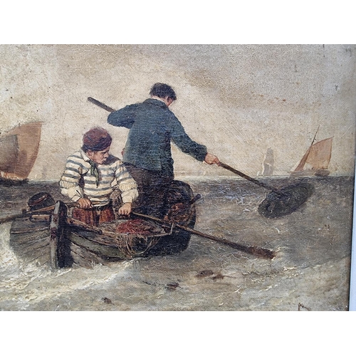 1233 - British School, 19th century, figures in a rowing boat, oil on canvas, 32.5 x 47.5cm.  ... 