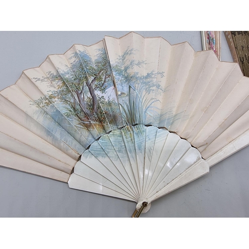 1396 - Five fans, to include a painted silk and bone example; and another painted with swallows. ... 