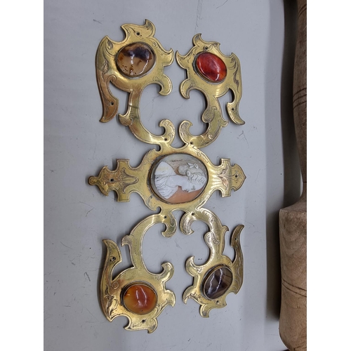 1398 - A mixed lot, to include a cameo and hardstone inset brass mount, 17.5cm wide. (6)... 