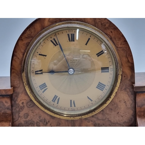 1528 - An Art Deco burr walnut mantel timepiece, 20.5cm wide.