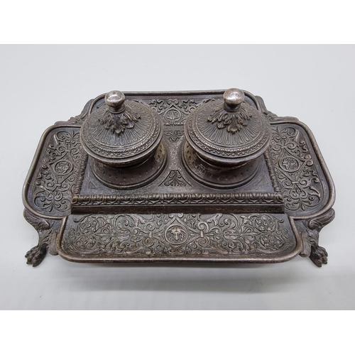 1548 - A Continental brass and glass casket, 14.5cm wide; together with a plated metal inkwell, 24cm wide.... 