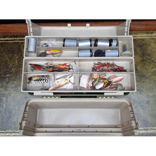 1600 - Angling: a large lure/tackle box containing over 100 vintage lures; together with a few fl... 