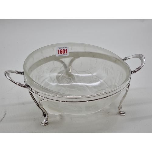 1601 - A frosted glass bowl, in electroplated stand, 29cm wide.