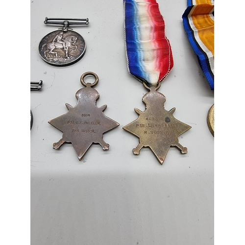 1633 - Medals: two World War I trios to brothers, 4-3259 Pte L Wheeler R.Suss.R and 8514 Pte C.E. Wheeler, ... 