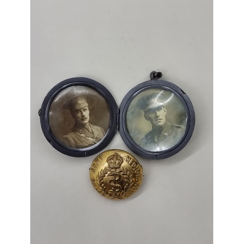 1653 - A World War I Royal Army Medical Corps brass button, converted to pin badge with inset portrait phot... 