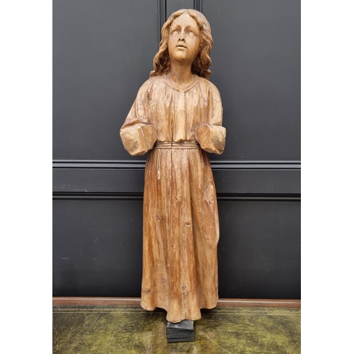 1673 - A large carved pine ecclesiastical figure, probably 18th century or earlier, 97cm high, (with h... 