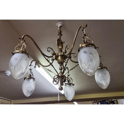 1675 - An impressive antique brass five branch ceiling light, with etched and cut glass shades, 57cm high.... 