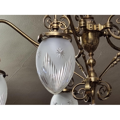 1675 - An impressive antique brass five branch ceiling light, with etched and cut glass shades, 57cm high.... 