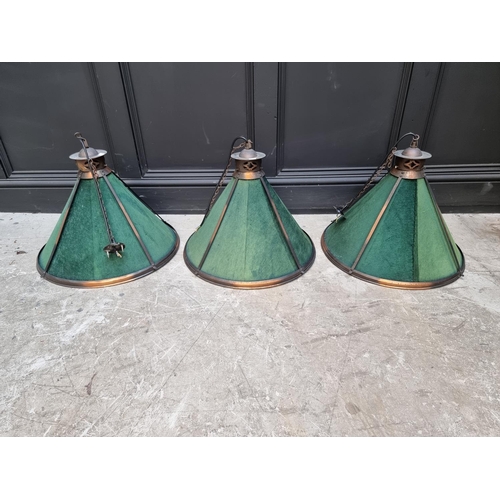 1681 - A set of three Edwardian copper and green baize billiard table lights, each 51cm diameter. ... 